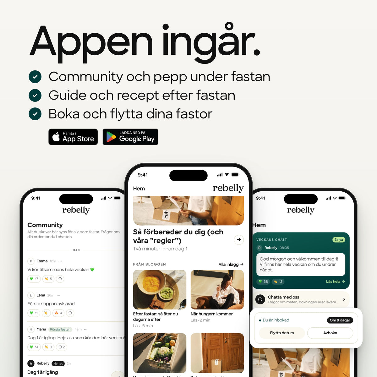 Rebelly-appen: community, guide och recept efter fastan, boka och flytta dina fastor. Finns i App Store och Google Play.