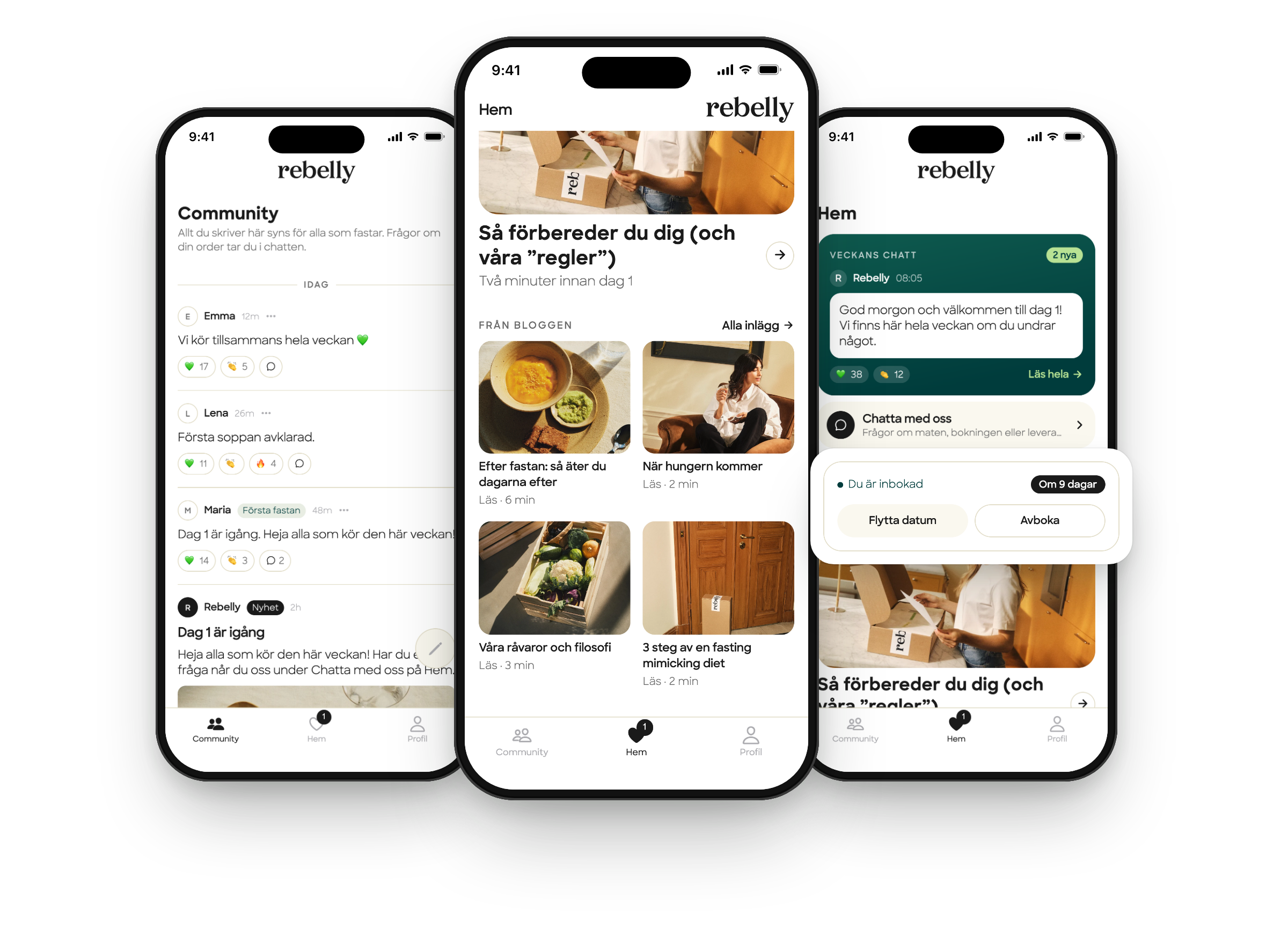 Rebelly-appen i tre telefoner: Community med inlägg från andra som fastar, bloggen med guiden Efter fastan och en bokning med knapparna Flytta datum och Avboka