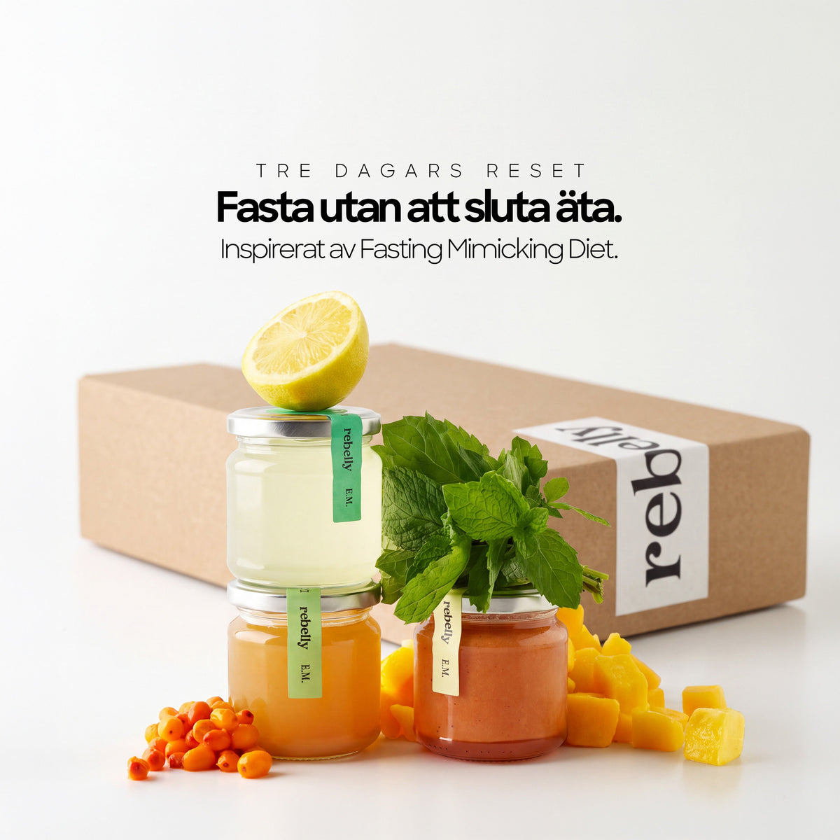 Tre dagars reset. Inspirerat av metoden Fasting Mimicking Diet. Rebellys burkar framför lådan.